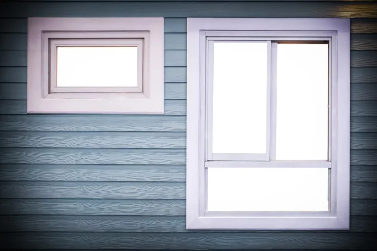 Blue vinyl siding with two windows.