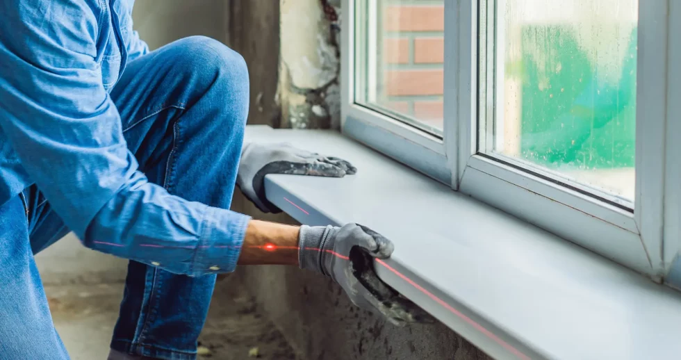 An worker installs a window, checking level.